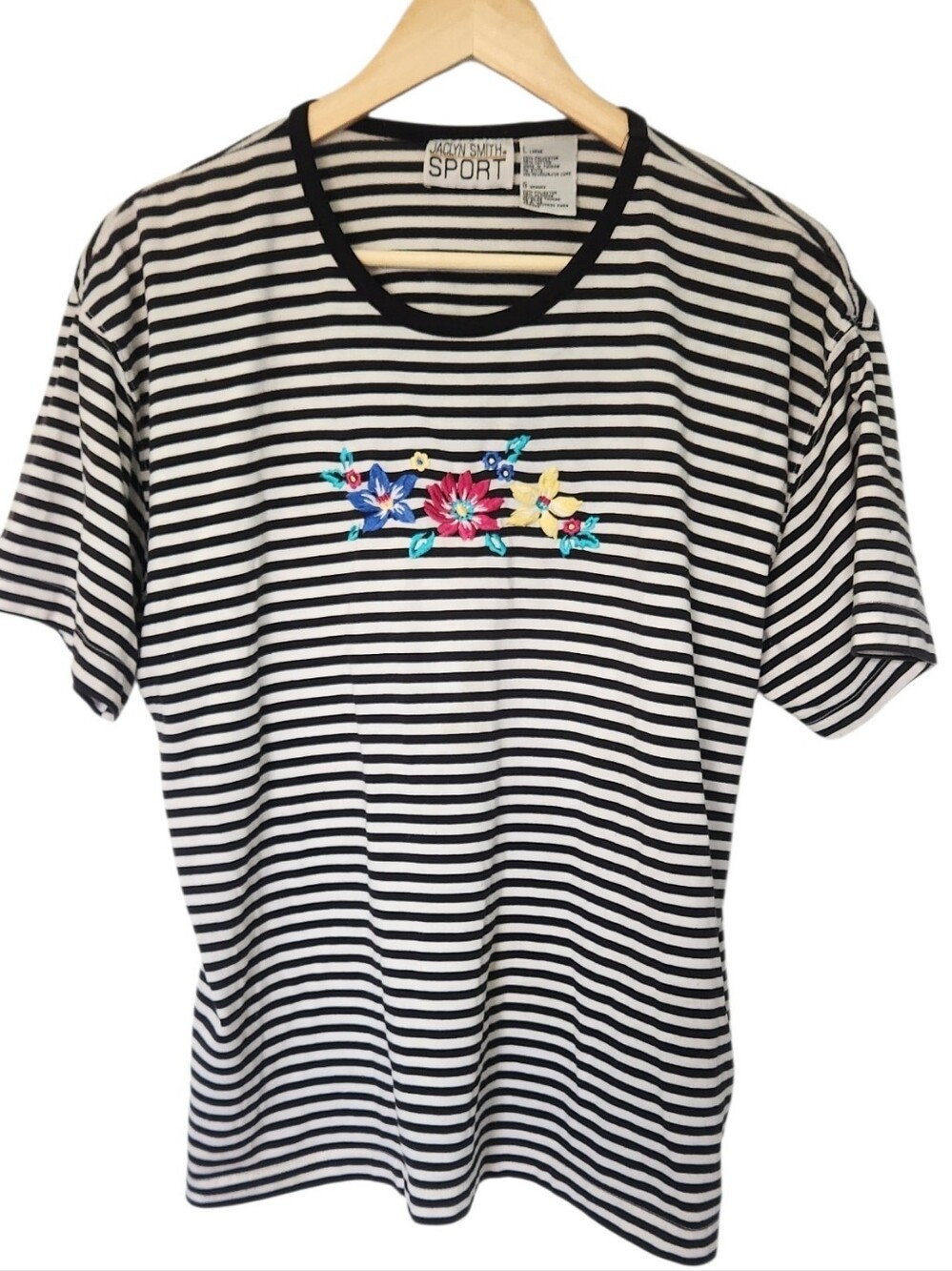Vintage Black And White Striped Embroidered Floral Tee